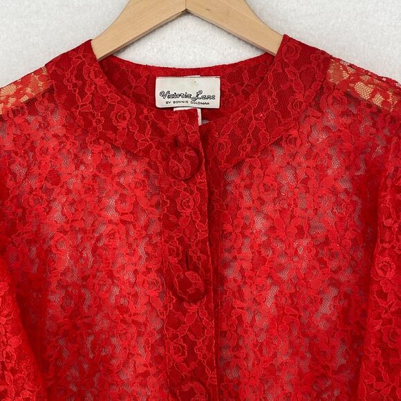 VICTORIA LANE BONNIE GOLDMAN Top S Sheer Lace Floral Button Up Long Sleeve Red - Picture 4 of 12